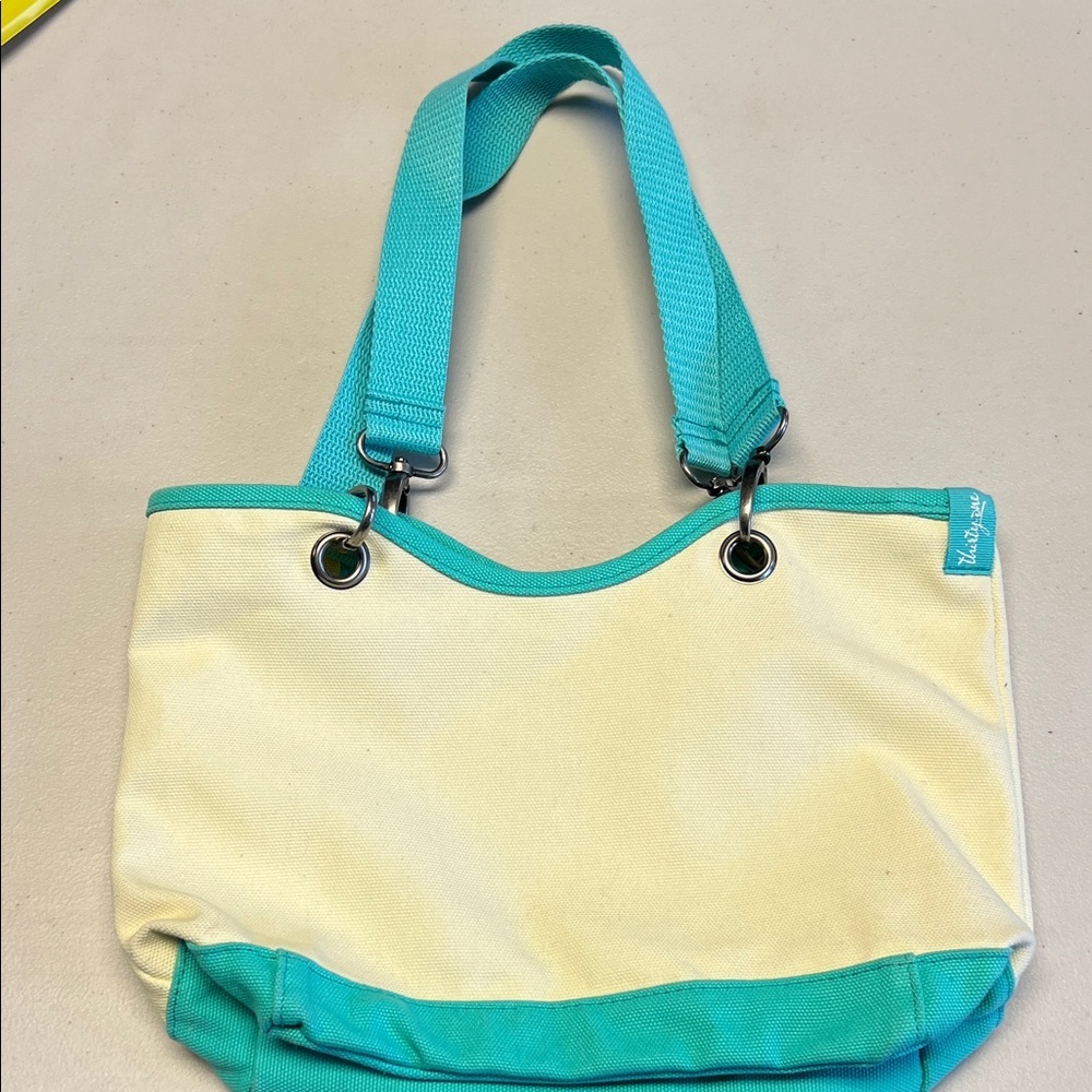Canvas Tote Bag by Thirty one Cream/Teal   10x4
